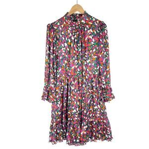 Etcetera Multicolor Brushstroke Pleated Metallic Long Sleeve Flowy Mini Dress 14